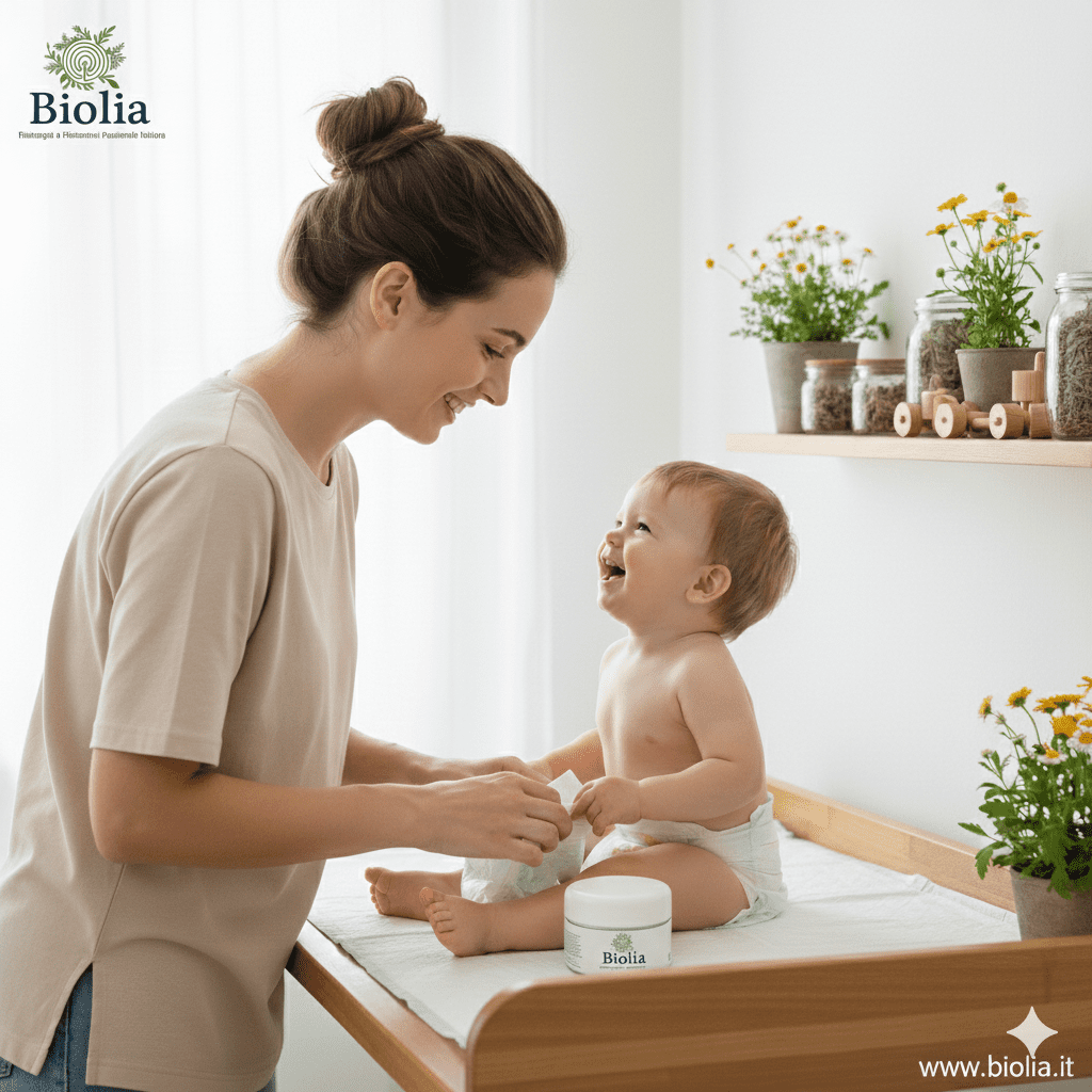 Mamma applica crema alla calendula durante il cambio pannolino del neonato